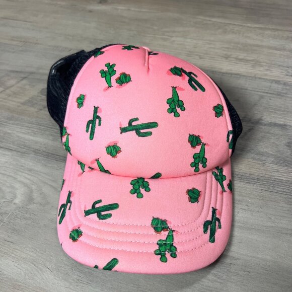 None Accessories - Pink Cactus Printed Trucker Hat With Black Mesh Adjustable Snapback
